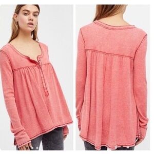 We The Free Kai Waffle Knit Thermal Henley Top Acid Wash Babydoll XS Oversized